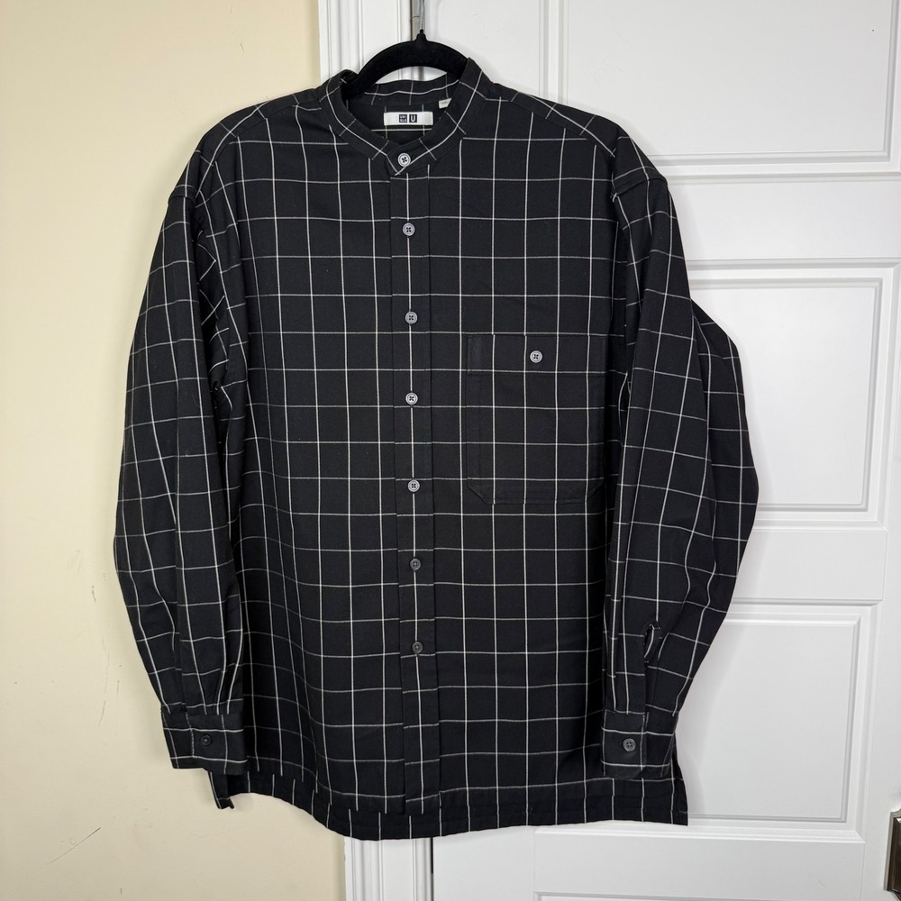 Uniqlo U Band Collar Shirt Mens Small Black Windowpane Check Oversized Lemaire - Picture 2 of 9